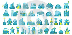 Fantastic buildings. Big icon set. The future alien architecture. Game kit.
