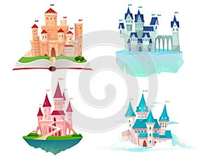 Fantastic castles, fairy tale palaces with towers with flags on books or sky clouds. Cute magic princess medieval