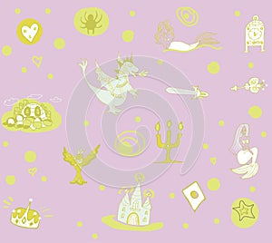Fantastic children`s pattern with a phoenix, dragon, castle and mermaids in gentle purple and green tones