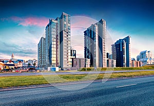 Fantastic cityscape of Reykjavik with Luxury Apartment Downtown. Incredible summer morning on Atlantic Ocean Quay, Iceland, Europe