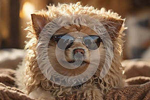 Fantastic close-up photo of a cute funny Hungarian Puli in sunglasses on a blanket background