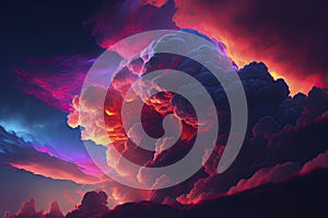 Fantastic clouds, neon colors, magic lights in the sky. Generative AI