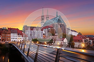 Fantastic colorful sky under sunlit during sunset, over the Church of St. Peter and Paul in Gorlitz, Germany, Wonderful