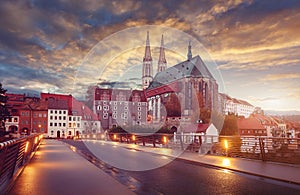 Fantastic colorful sky under sunlit during sunset, over the Church of St. Peter and Paul in Gorlitz, Germany, Wonderful
