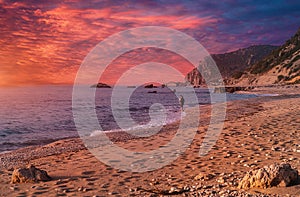 Fantastic colorful spring sunset view of Avali Beach. Picturesque evening seascape of Ionian sea. Lefkada Island, Greece, Europe.