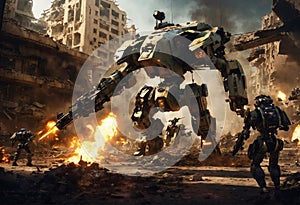 Fantastic combative robots in a military battle in a destroyed city