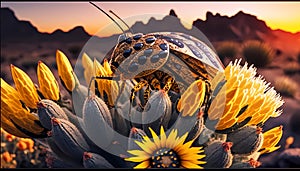 Fantastic creature among wildflowers against the backdrop of a beautiful sunset