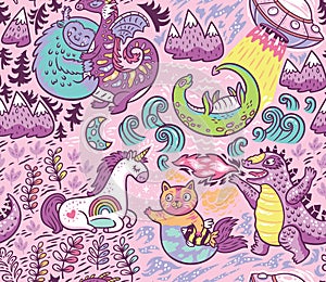 Fantastic creatures, animal pattern. Vector cute background