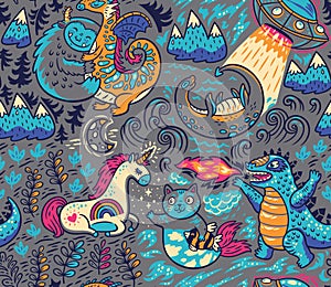 Fantastic creatures, animal pattern. Vector cute background