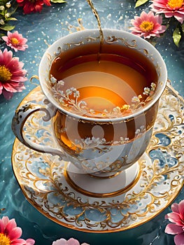 Fantastic cup of tea with liquid splash, 3d rendering