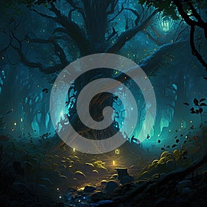 Fantastic dark forest with glowing trees, lights and fog. Halloween concept Generative AI Halloween ai