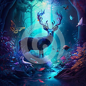 Fantastic deer in a magical forest and other unreal animals. Generative AI content.