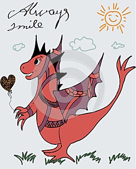 Fantastic dragon with a balloon - greeting card