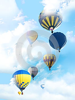 Fantastic dreams. Hot air balloons in blue sky with clouds