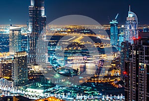 Fantastic elevated skyline of Dubai with city illuminations.