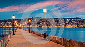 Fantastic evening cityscape of Argostolion town, former municipality on the island of Kefalonia, Ionian Islands, Greece. Panoramic