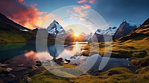 Fantastic evening panorama of Bachalp lake Bachalpsee, Switzerland. Picturesque autumn sunset in Swiss alps, Grindelwald,