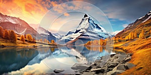 Fantastic evening panorama of Bachalp lake Bachalpsee, Switzerland. Picturesque autumn sunset in Swiss alps, Grindelwald,
