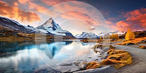 Fantastic evening panorama of Bachalp lake Bachalpsee, Switzerland. Picturesque autumn sunset in Swiss alps, Grindelwald,