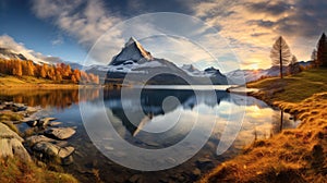 Fantastic evening panorama of Bachalp lake Bachalpsee, Switzerland. Picturesque autumn sunset in Swiss alps, Grindelwald,