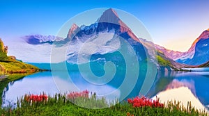 Fantastic Evening Panorama of Bachalpsee in the Swiss Alps, Grindelwald, Bernese Oberland, Europe