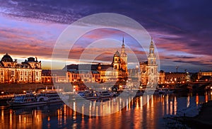 Fantastic Evening panorama. Famouse skyline of Old Town in Dresden With colorful sky During sunset. Wonderful Autumn Cityscape.