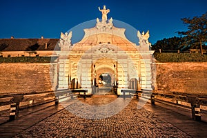 Fantastic evening view of gate of Alba Carolina fortress.