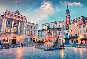 Fantastic evening view of Tartini Square in old town Piran. Splendid spring sunset in Slovenia, Europe. Traveling concept