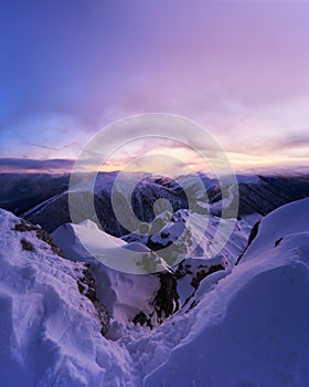 Fantastic evening winter landscape. Colorful overcast sky. Slovakia, Europe. Beauty world.