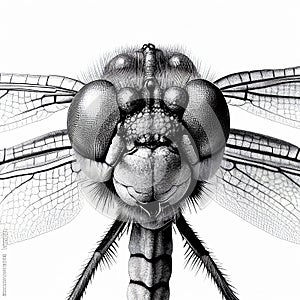 Fantastic eye dragonfly closeup macro, facet vision of insects, black and white illustration