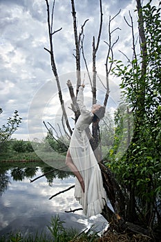 Fantastic fairy beautiful woman in white long dress on old dry tree. Girl princess in swamp. Fashion model sexy girl posing on a