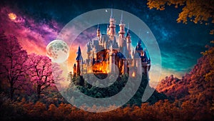 Fantastic fairytale castle, night, moon royal building landscape fantastic cartoon
