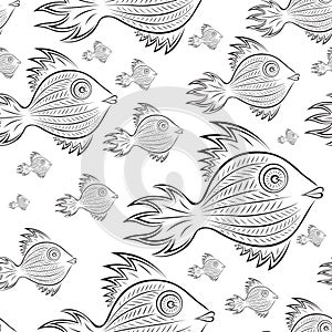 Fantastic fish - abstract aquatic animal. Black and white linear vector repeating pattern on a white background.