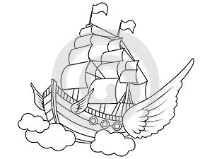 Fantastic flying ship in night sky image. Children coloring book. Raster.