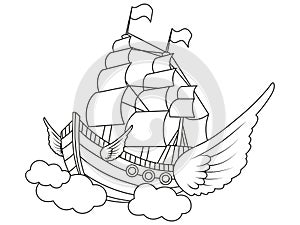 Fantastic flying ship in night sky image. Children coloring book. Vector.