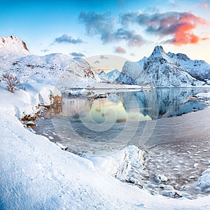 Fantastic frozen Flakstadpollen and Boosen fjords and reflection in water during sunrise with Hustinden mountain on background on photo
