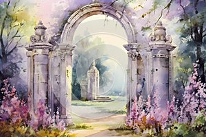 Fantastic gates of paradise decorated with outlandish plants and flowers. Columns with an arch. The way to heaven