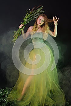 Fantastic girl in a long green dress in a fog