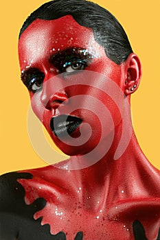 Fantastic girl with red skin on a yellow background and white teeth and black lips