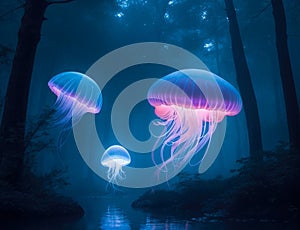 Fantastic glowing jellyfish in the magical forest