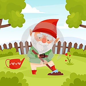 Fantastic Gnome Character in Red Pointed Hat Dig Soil Vector Set