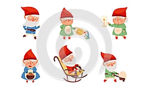 Fantastic Gnome Character with White Beard and Red Pointed Hat Vector Illustration Set photo