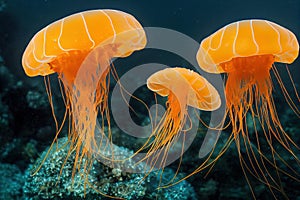 Fantastic golden yellow jellyfish in sea water. Illuminated aquatic undersea creature with majestic flow swimming in