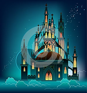 Fantastic Gothic castle from fairyland. Medieval cathedral with stained glass windows. Middle ages in Western Europe. Printable