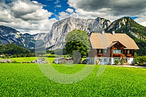 Fantastic green fields with alpine houses and mountains, Altaussee, Austria