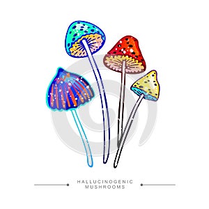 Fantastic hand drawn concept of acid toadstools. Stylized image of psilocybin mushroom. Amazing fly agaric sticker