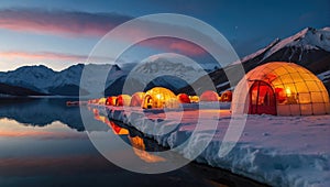 fantastic ice landscape of the north pole with igloo tents lit from inside near a lake