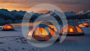 fantastic ice landscape of the north pole with igloo tents lit from inside near a lake