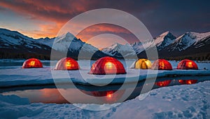 fantastic ice landscape of the north pole with igloo tents lit from inside near a lake