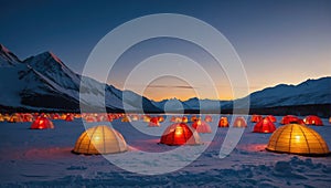 fantastic ice landscape of the north pole with igloo tents lit from inside near a lake